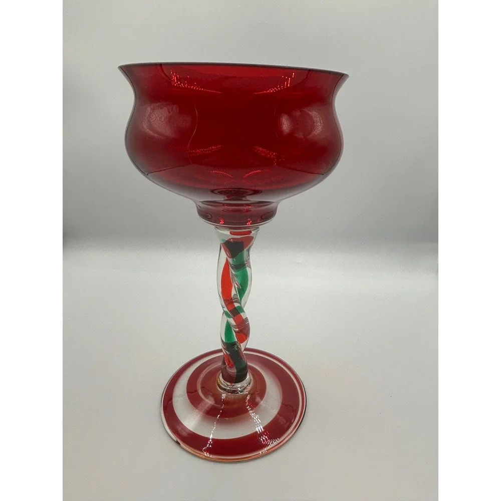 Hand Blown Poland Glass Goblet Red Green White Twisted Stem Spiral‎ Base Holiday